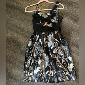 Silky one-shoulder dress - flare - black with grey floral detail - size small